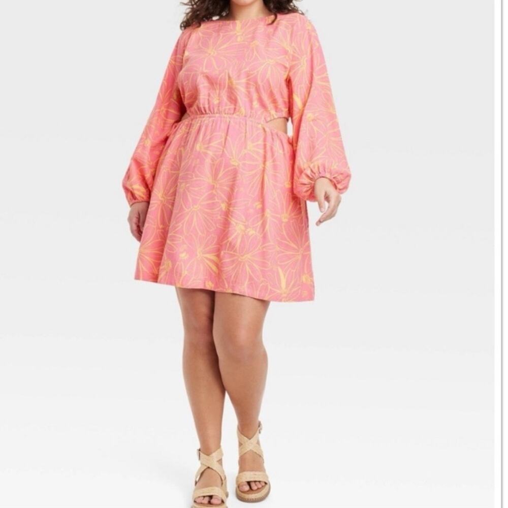 NWT Women's Balloon Long Sleeve Mini A-Line Dress LINEN BLEND Pink XXL